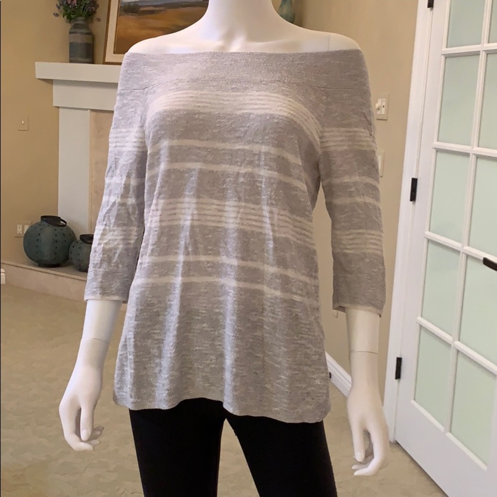 Off the Shoulder Grey Nic and Zoe Stripe Mix Shirt